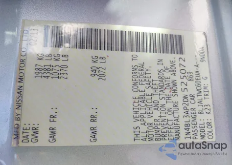 2013 Nissan Altima 3.5 Sv z USA, uszkodzony, nr VIN 1N4BL3AP2DN525072